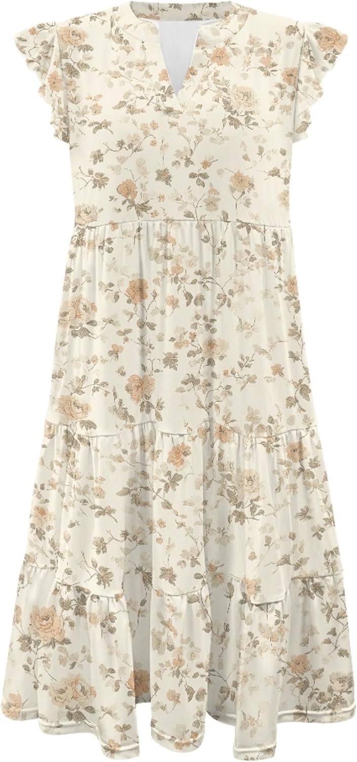 Womens Casual Dresses Summer Ruffle Sleeve V Neck Empire Waist Midi 2025 Fashion Fit Smocked Tiered Boho Sundress - Image 5