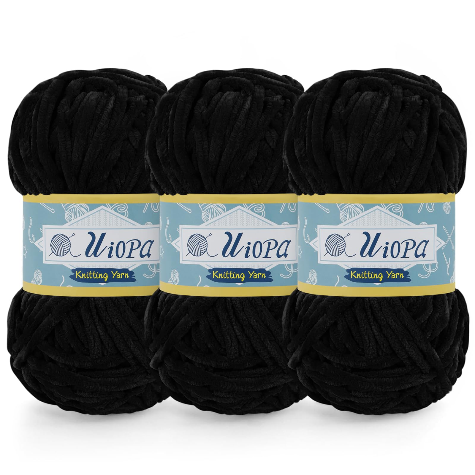 Uiopa 3 x 100g Chunky Chenille Yarn, Plush Velvet Yarn Thick Chenille Wool, Black Fluffy Crochet Chunky Wool for Amigurumi Blankets Clothes DIY Crafts — image 1