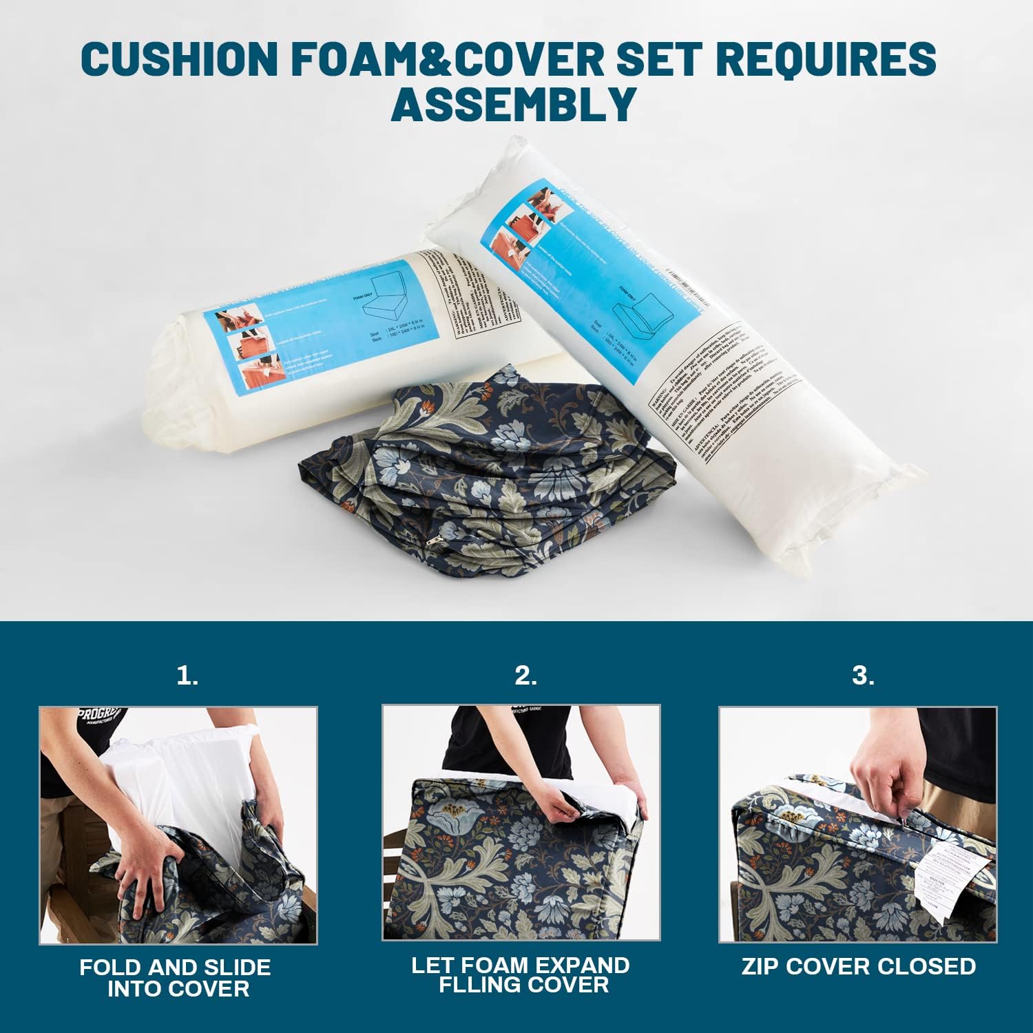 ARTPLAN Deep Seat Outdoor Patio Chair Cushions,2-Piece Seat and Back Cushion Set 24x24x6 and 18x24 Inches,Square,Floral,Stone Blue