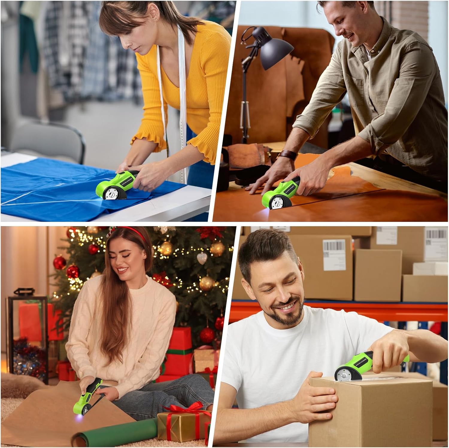Cordless Electric Scissors, 4V Rechargeable Rotary Cardboard Cutter with 2 Blades Safety Lock & LED Light, USB Cable for Plastic, Box, Carpet, Leather, DIY Crafts