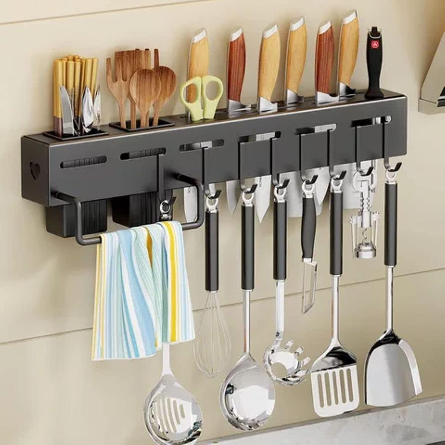 Kitchen Knife Rack, Spoon Knife Organizer, Heavy Duty Iron Material Knife Holder, Utensils Organizer, Wall Mounted Spoon Organizer, Kitchen Cutlery Organizer with towel rack and 8 hooks.