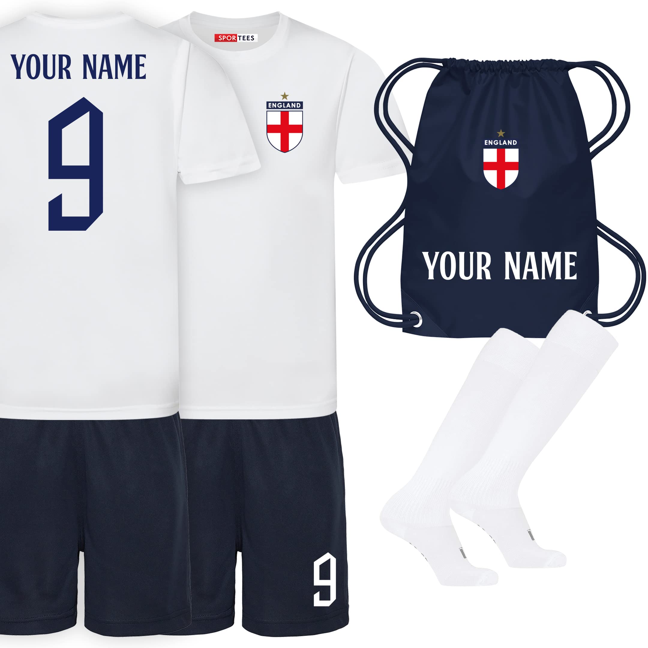 Sportees Personalised England Cup Style White and Navy with Free Socks & Bag for Boys and Girls Unisex Kids Playwear Best Gift for Children Age 3 to 13 Years Old