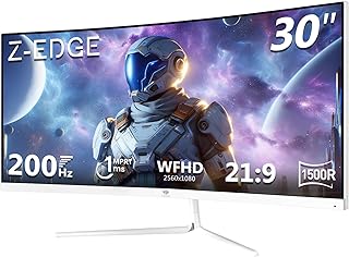 Z-Edge 30 Inch Ultrawide Curved Gaming Monitor 200Hz(DP) 165Hz(HDMI) 1ms MPRT 2560x1080 VA Panel, 21:9 1500R Curved Screen, 300cd/m² Brightness, FreeSync, HDMI & DisplayPort, White