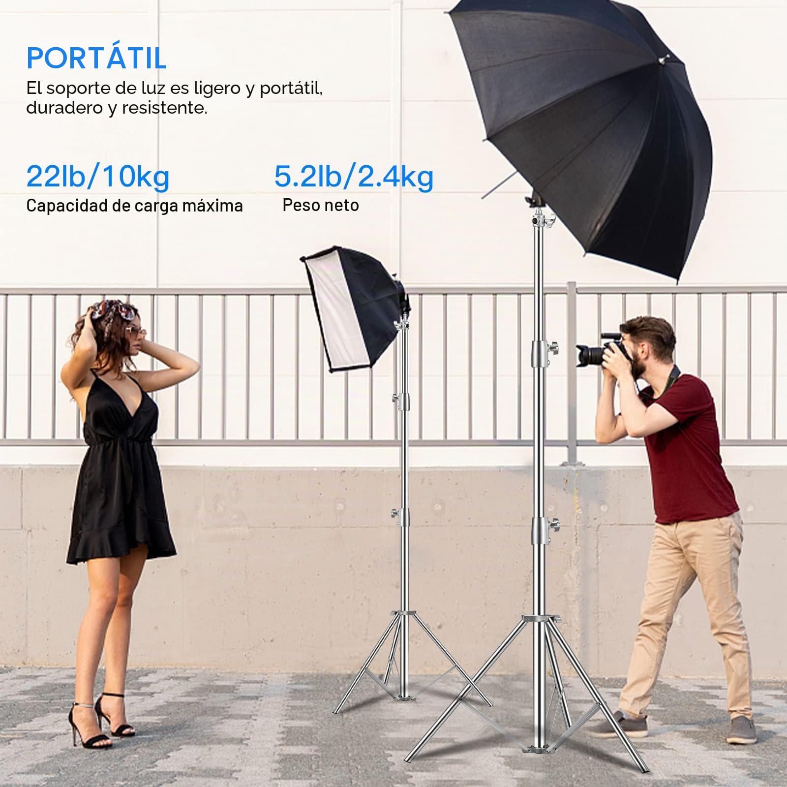 2,8 m Soporte de Luz de Acero Inoxidable, Soporte de Trípode Acolchado con Resorte de 1/4 "a 3/8" Adaptador Universal para Estudio de Fotografía Retrato