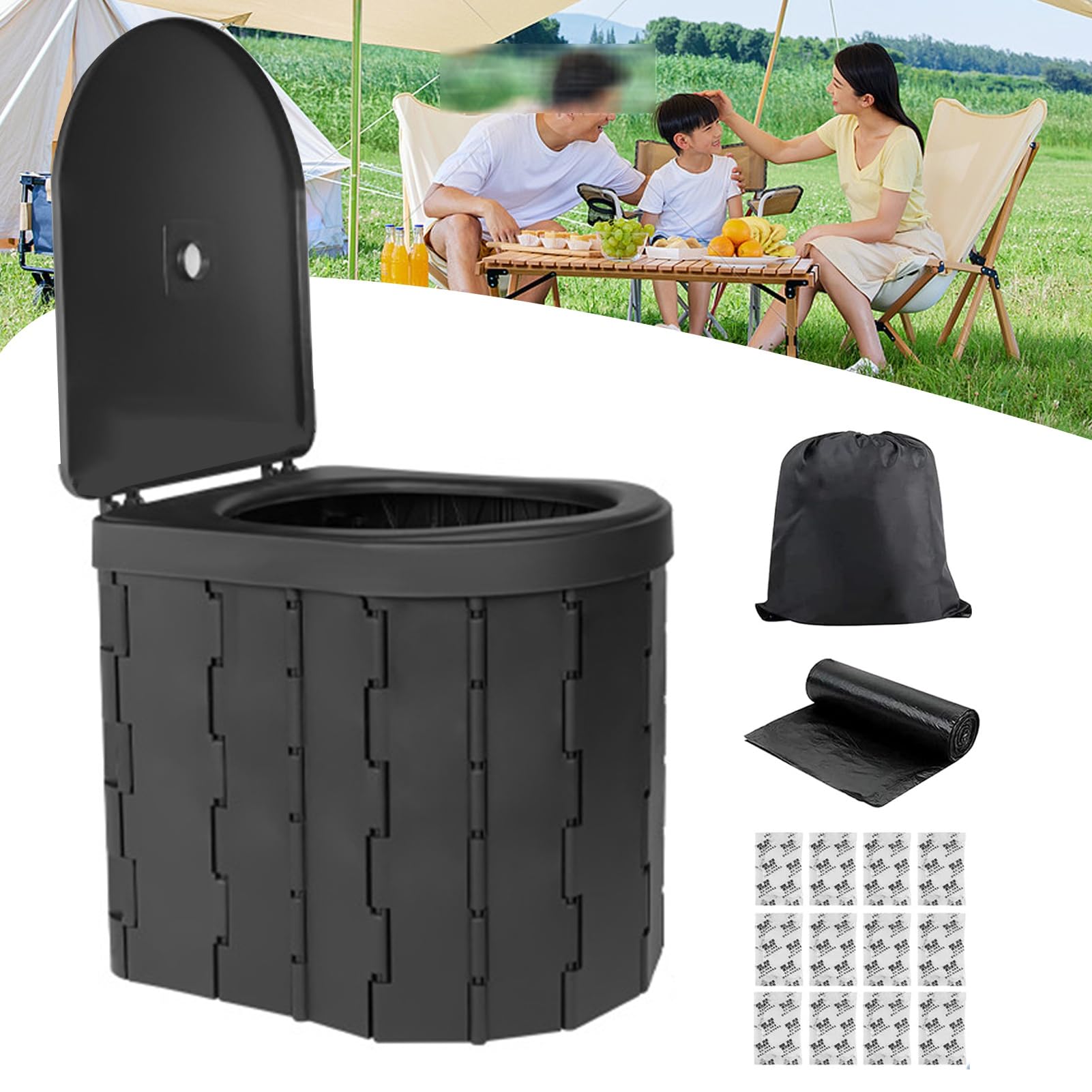 Upgrade einziehbare tragbare Toilette für Erwachsene, Extra große tragbare Reise schwimmende Toilette, Camping hohe Toiletten mit Deckel für Erwachsene und Kinder Kompaktes Töpfchen(Black)