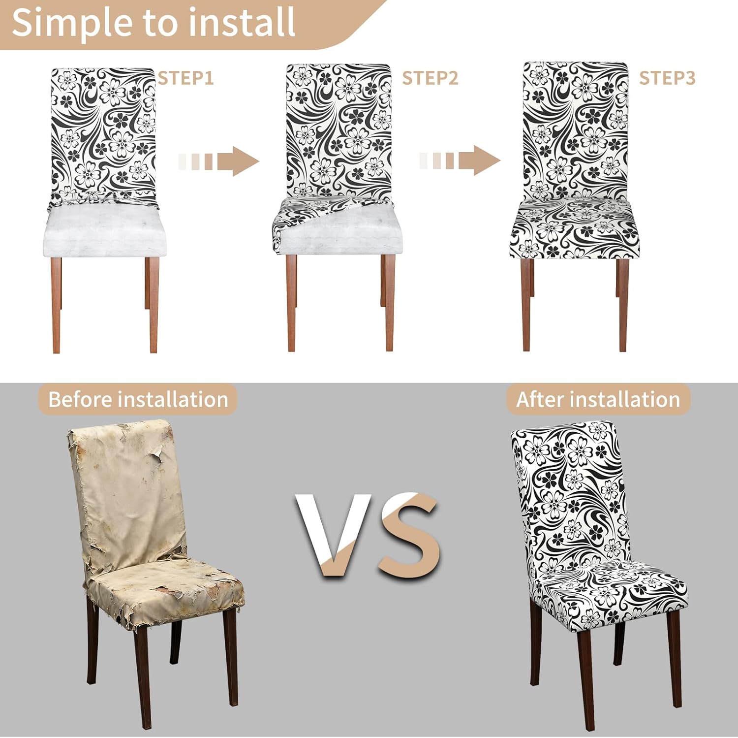 Chair Covers Dining Room Set of 6,Printed Patterned Stretch Non Slip Chair Slipcover Removable Washable Kitchen Chair Protector Cover for Home Hotel Banquet Party Office (Black White Scroll Flower)
