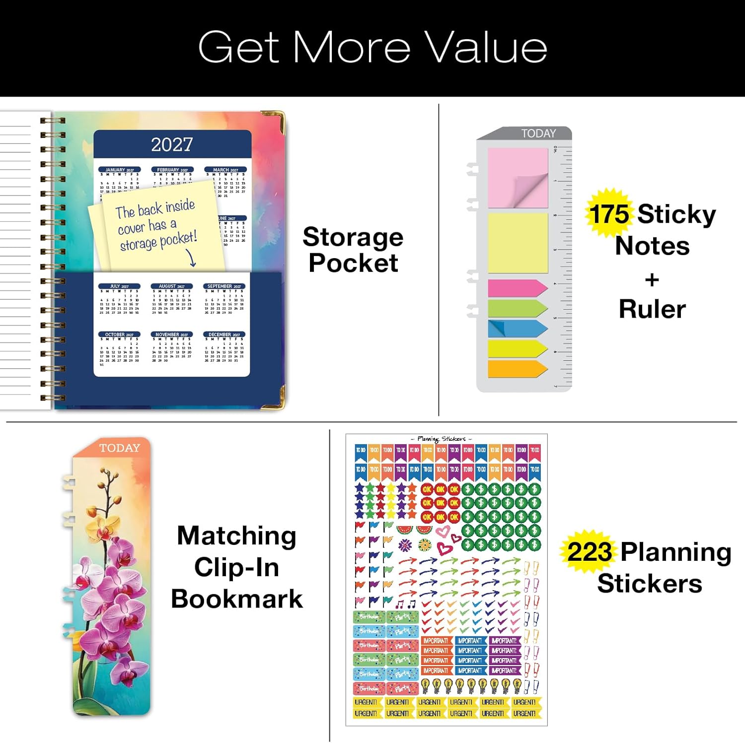 HARDCOVER Academic Year 2026-2027 Planner: 14 Months (May 2026 Through June 2027) 8.5"x 11" Daily Weekly Monthly Planner Yearly Agenda. Bookmark, Pocket Folder and Sticky Note Set (Orchid)