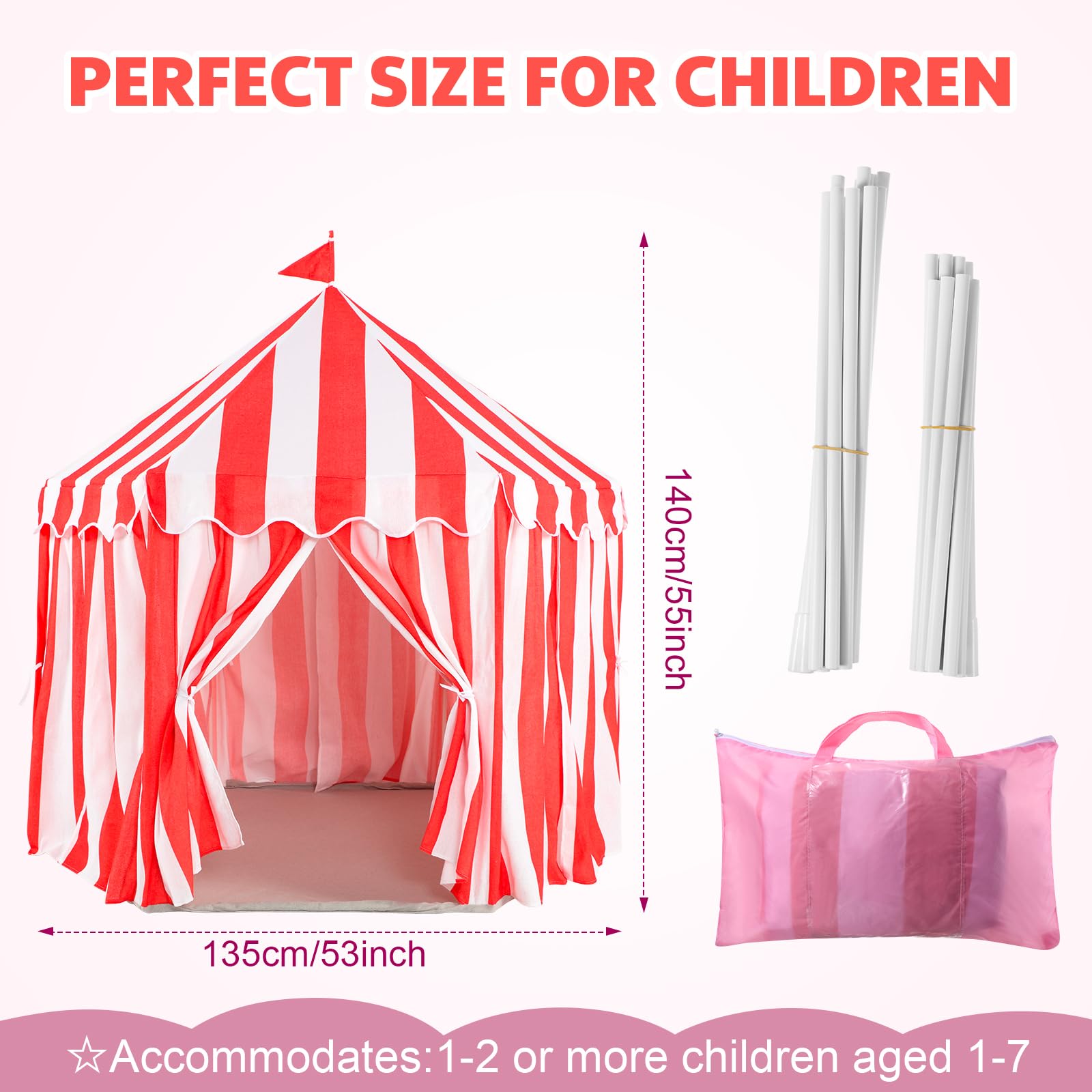 Tienda de campaña grande para niños, 55 x 53 pulgadas, casa de juegos para niños, tienda de campaña a rayas rojas y blancas para carnaval, suministros para jugar y juegos, juguetes de 3