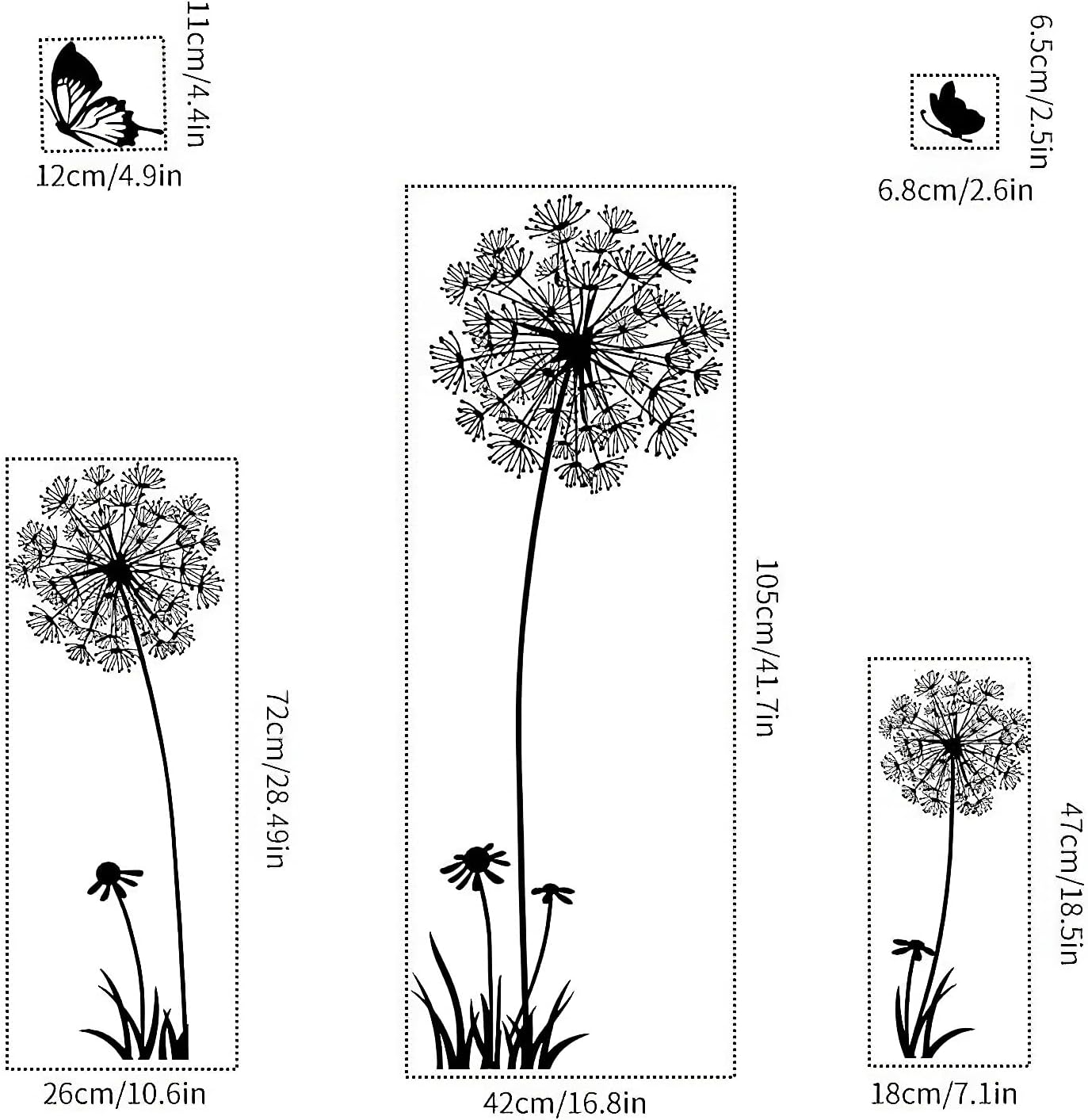Wall Decals for Bedroom Living Room, Large Dandelion Flowers Wall Stickers & Murals 2 Sets, Big Black Peel and Stick Wall Decor with Butterflies : Tools & Home Improvement