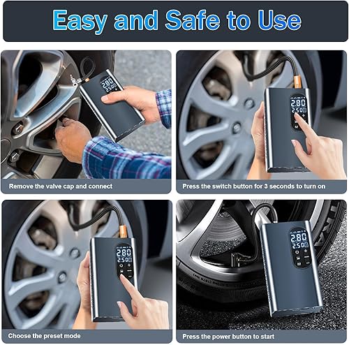 Miniatura 5 de Compresor de aire portátil para inflador de neumáticos, bomba de aire inalámbrica para neumáticos de automóvil (CC 12 V 150 psi) con pantalla y