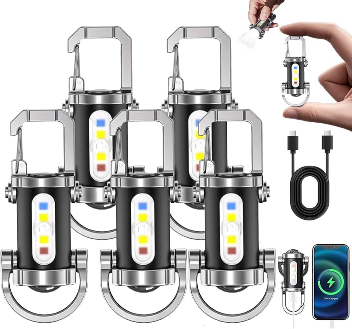 Portable Rechargeable Bright Keychain Flashlight Phone Charger, Mini EDC Keychain Flashlight, 1200 Lumens Waterproof KeychainsFlashlight, 7 Lighting Modes Type-C for Outdoor Camping Emergencies5Pcs