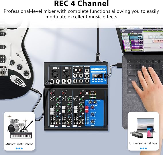 4 Channel Audio Interface USB Audio Mixer Sound Board Mixing Console Built In Bluetooth MP3 Computer Input +48V Phantom Power Mixer Audio For Karaoke Dj Stage Streaming Studio