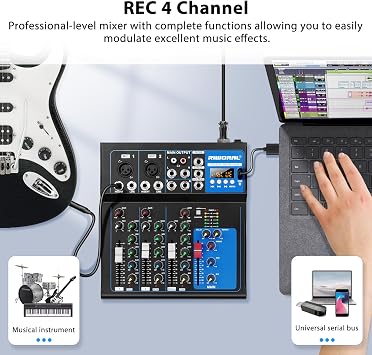 4 Channel Audio Interface USB Audio Mixer Sound Board Mixing Console Built In Bluetooth MP3 Computer Input +48V Phantom Power Mixer Audio For Karaoke Dj Stage Streaming Studio