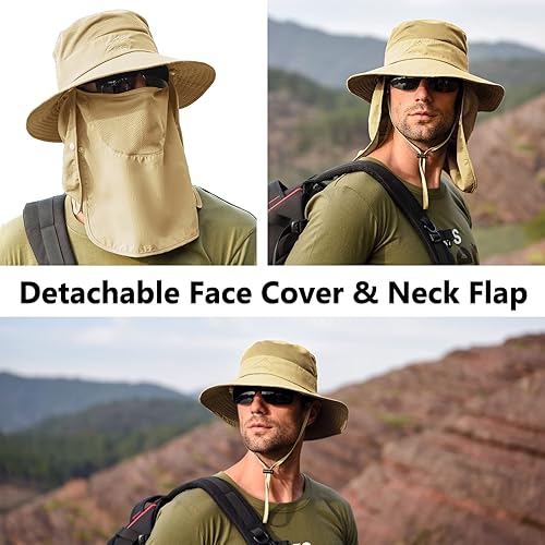 Miniatura 63 de Sombrero de pesca solar UPF 50+ para hombres y mujeres, sombrero de ala ancha con cubierta facial desmontable y solapa para el cuello