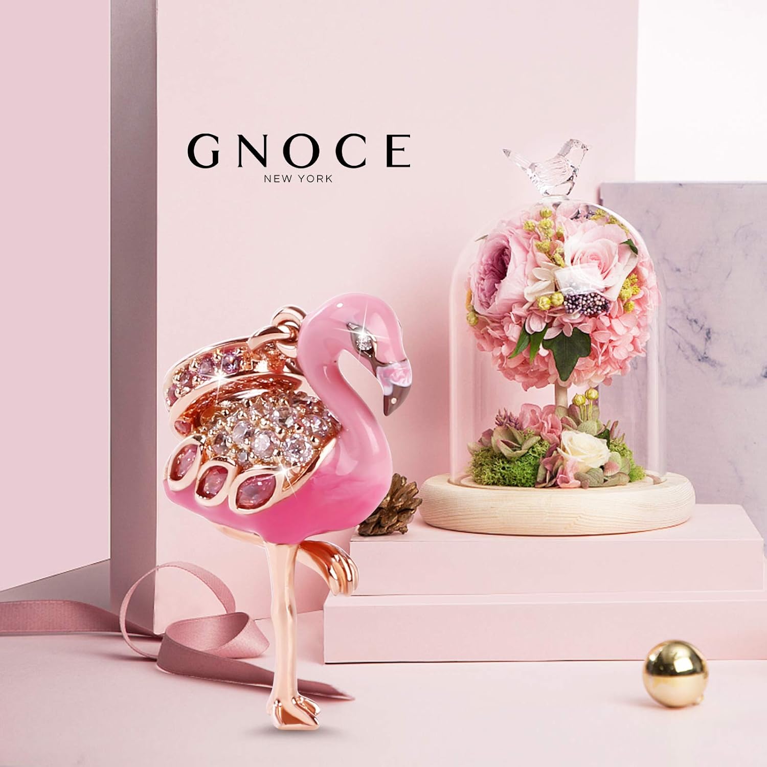 GNOCE Flamingo Dangle Charm 925 Sterling Silver 18K Pink Pendant Charms Bead For Bracelet/Necklace Rose Gold Plated For Women Mother's Day
