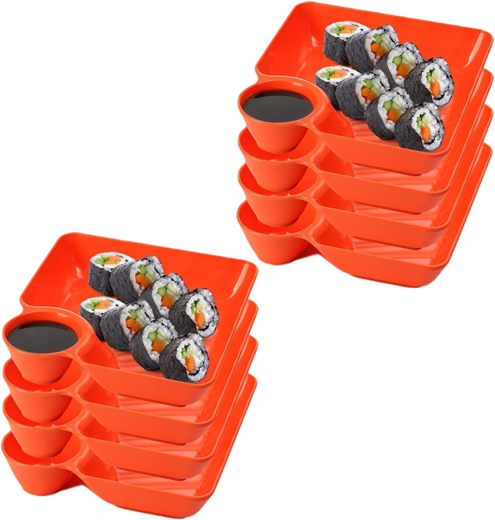 Chip Dip Serving Platter Set, Plastic Dumpling Plates with Sauce Compartment, Square Serving Dish Sushi Plates, Small Dip Tray for Appetizer, Taco Salsa, Fruit, Fries, Pack of 8, Orange