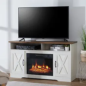 Amerlife Fire TV Stand 54″ Farmhouse Barn Door Leisure Heart for TVs as much as 60″ Mordern Media Console Desk with 2 Open Cabinets and Cupboards, Rustic Oak & White