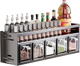 Inscrip Spice Rack with Spice Jars, Spice Rack Standing & Wall, Spice Jars with Shelf, Hanging Spice Rack/Spice Holder, Spice Organiser for Kitchen, Worktop, Cabinet (with 5 Spice Box)