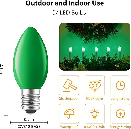Vista 24 de Bombilla LED verde C7 de repuesto para Navidad, bombillas E12 C7 inastillables de repuesto, bombillas regulables de grado comercial para Navidad