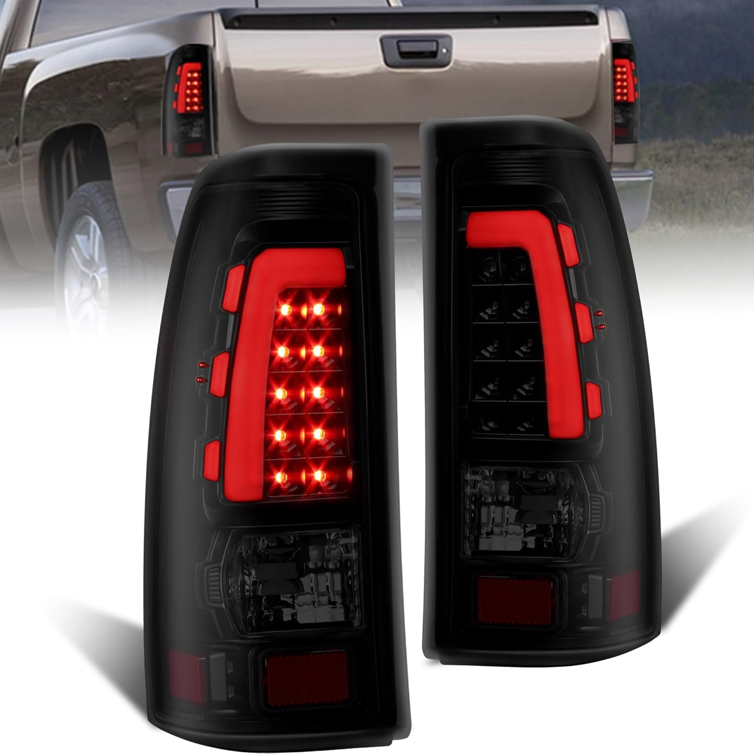 Tail light Assembly Rear Lamp L-Shape Compatible for 99-06 Chevy Chevrolet Silverado 1500 2500 Compatible for 99-02 GMC Sierra 1500 2500 Only for fleetside Smoke Tinted Taillight