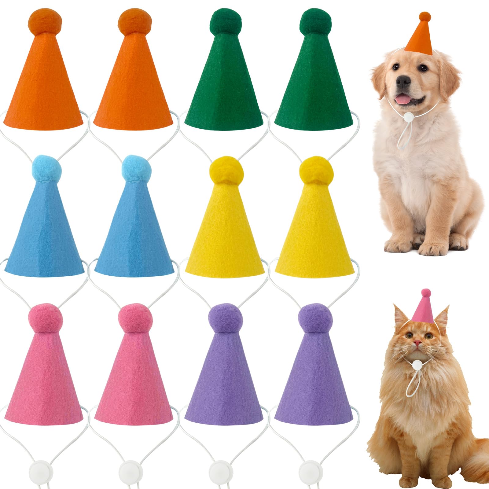 AIHSUMC 12 Pack Mini Party Hats for Stuffed Animals, Adjustable Cat Puppy Birthday Party Hats with Pompom, Felt Cone Hat Multi-Color Doll Dog Rabbit