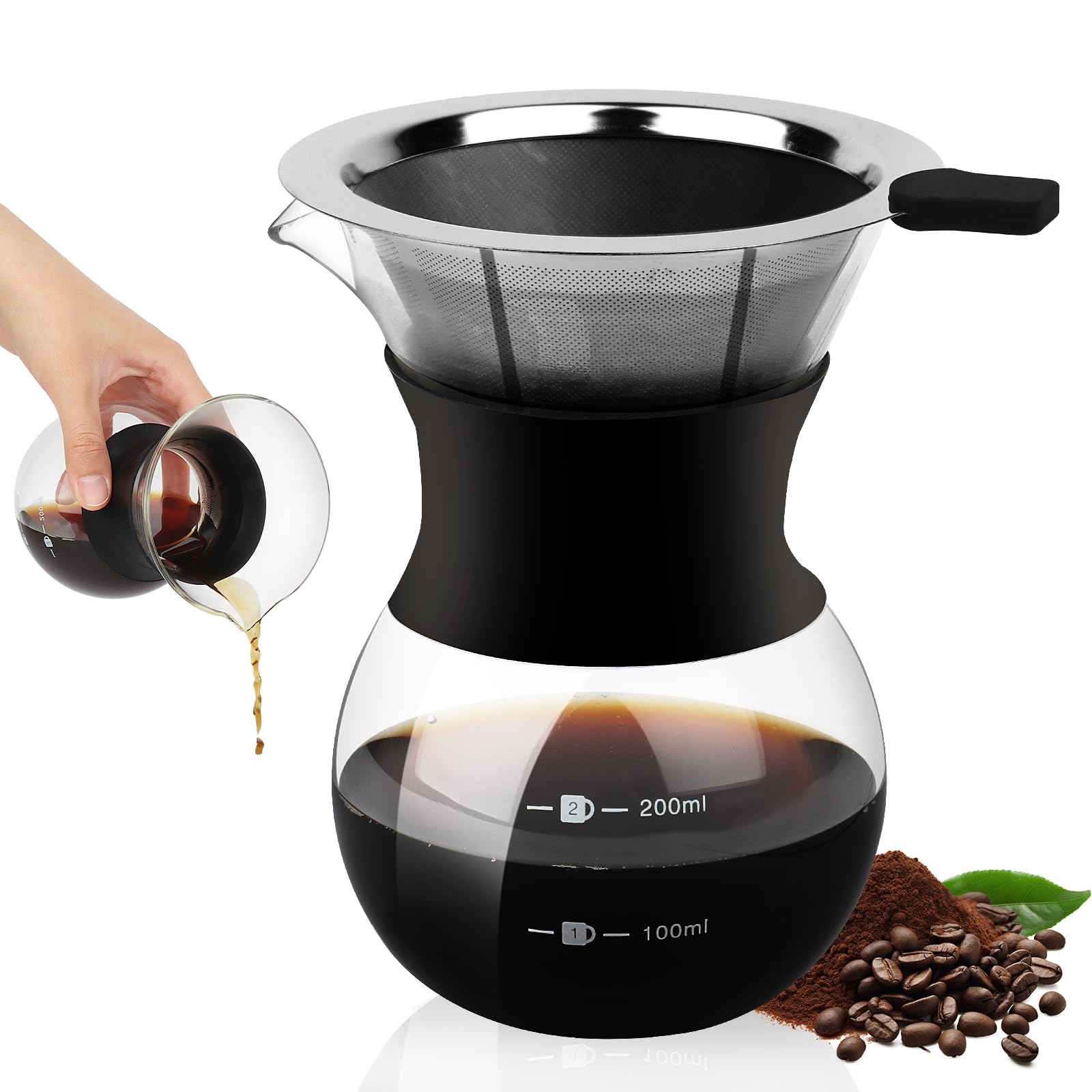 Tasse Verseuse Cafetière, 200ml Verser Over cafetière, Cafetière Manuelle avec Filtre, Filtre à Café Tasse Verseuse cafetière Go