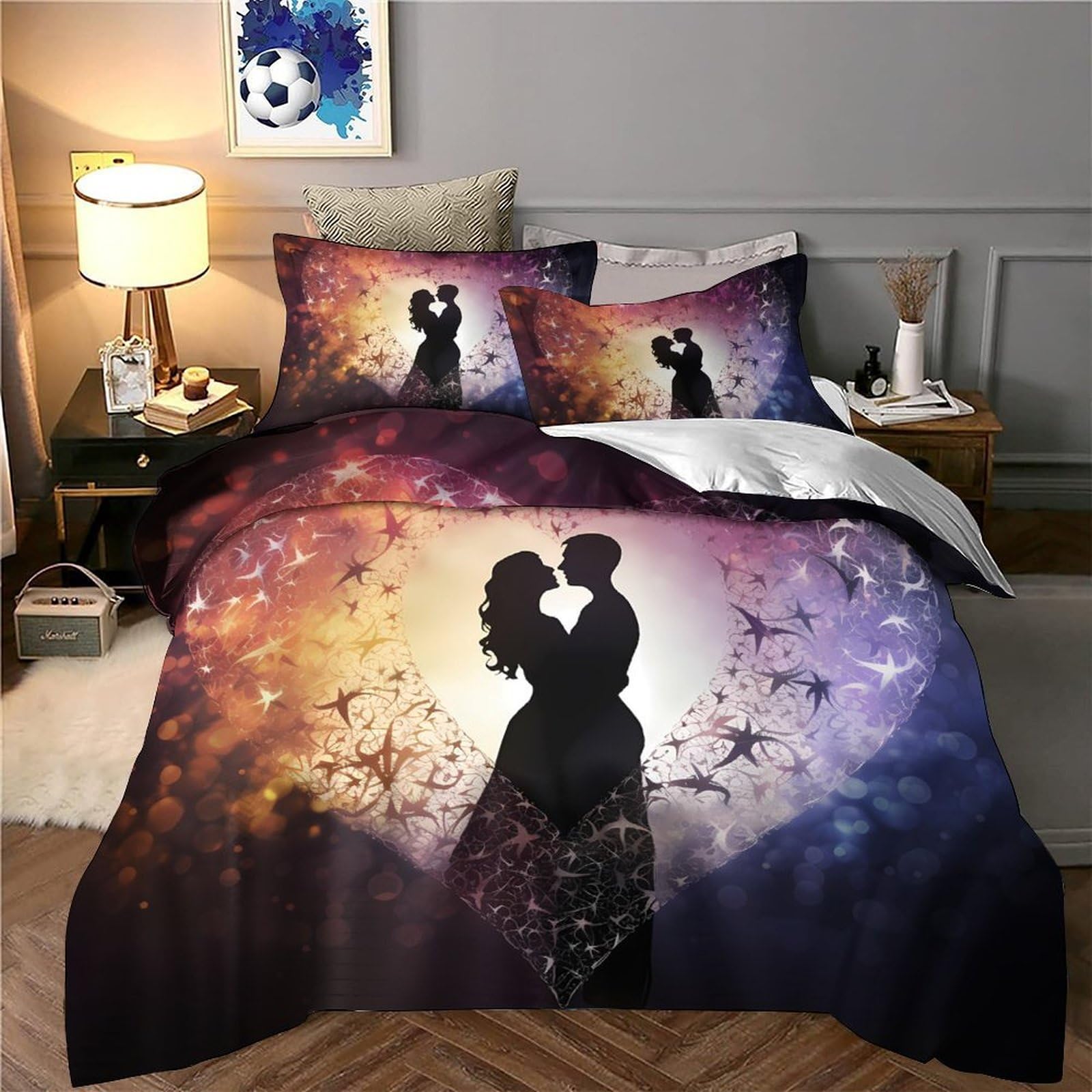 Sagoma Romantica 3D Print Copripiumino Coppia Microfibra Decorazione Camera Set Biancheria Coppia Morbido Traspirante per Giovani Adulti Super king（260x220cm）