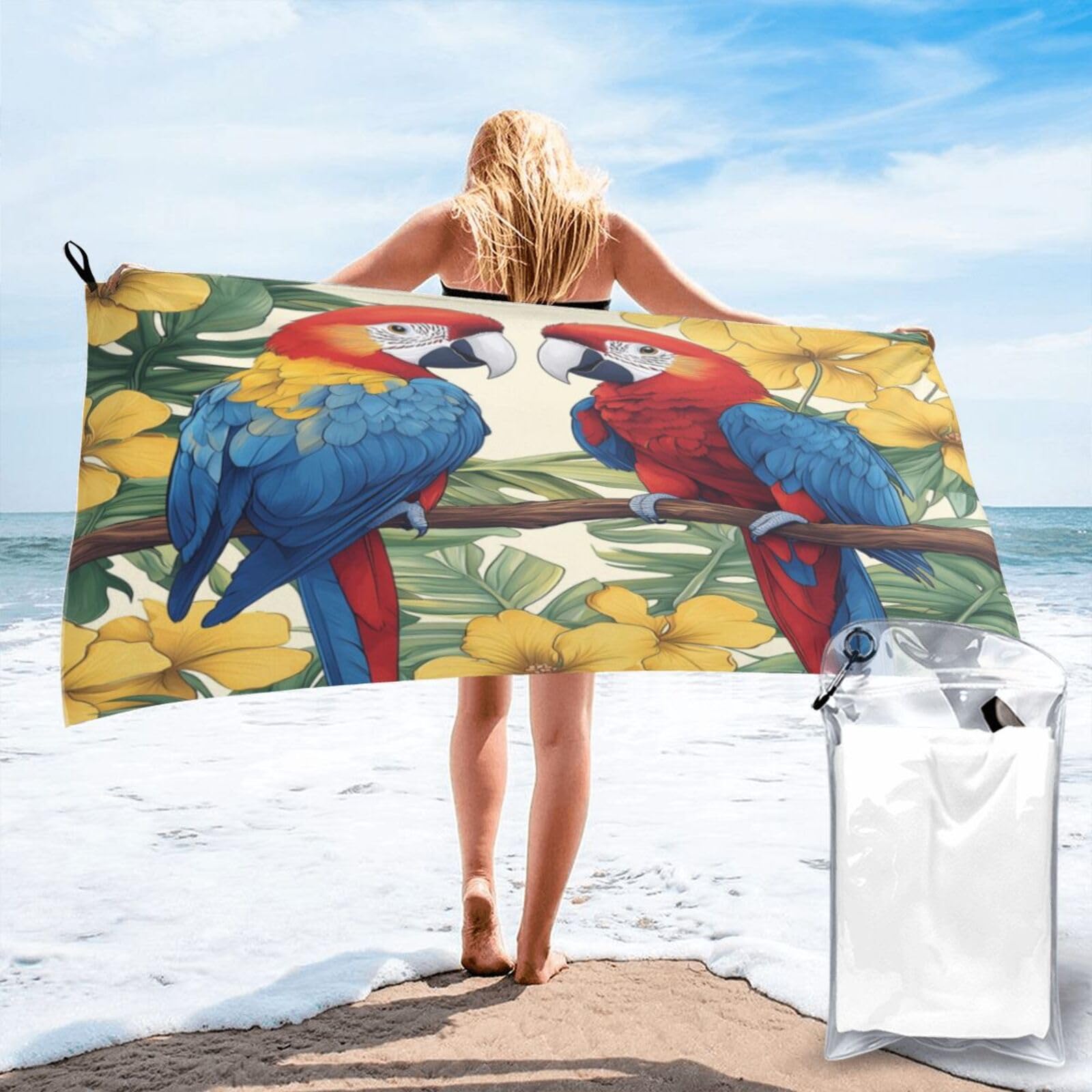 Anceky Two Scarlet Macaws Perched Together Quick Dry Microfiber Travel Towel with Carry Case and Carabiner 27.5"X55"