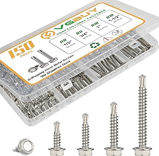 150Pcs Self Drilling Screws Assortment Kit, 410 Stainless Steel Self Tapping Sheet Metal Screws, #8 1/2" 3/4" #10 1" 1-1/2", Hex Washer Head