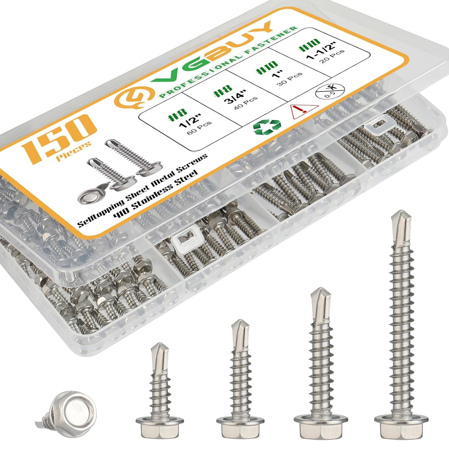 150Pcs Self Drilling Screws Assortment Kit, 410 Stainless Steel Self Tapping Sheet Metal TEK Screws, #8 1/2″ 3/4″ #10 1″ 1-1/2″, Hex Washer Head