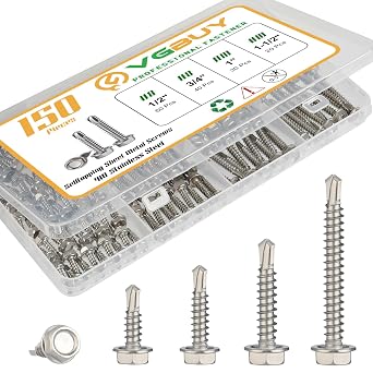 VGBUY 150Pcs Self Drilling Screws Assortment Kit, 410 Stainless Steel Self Tapping Sheet Metal Screws, #8 1/2" 3/4" #10 1" 1-1/2", Hex Washer Head