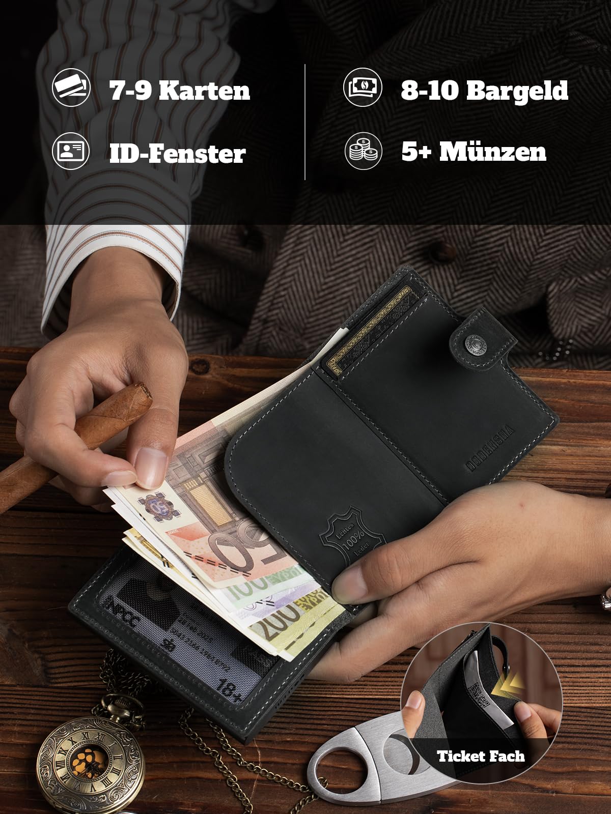 DODENSHA Slim Wallet mit Münzfach | Herren Geldbörse mit Knopf | Wallets for Men | Portmonee Herren mit Ticket Fach | Pop-up-Kreditkartenetui Geldbeute für 7-9 Karten | RFID Schutz I GrauGrau