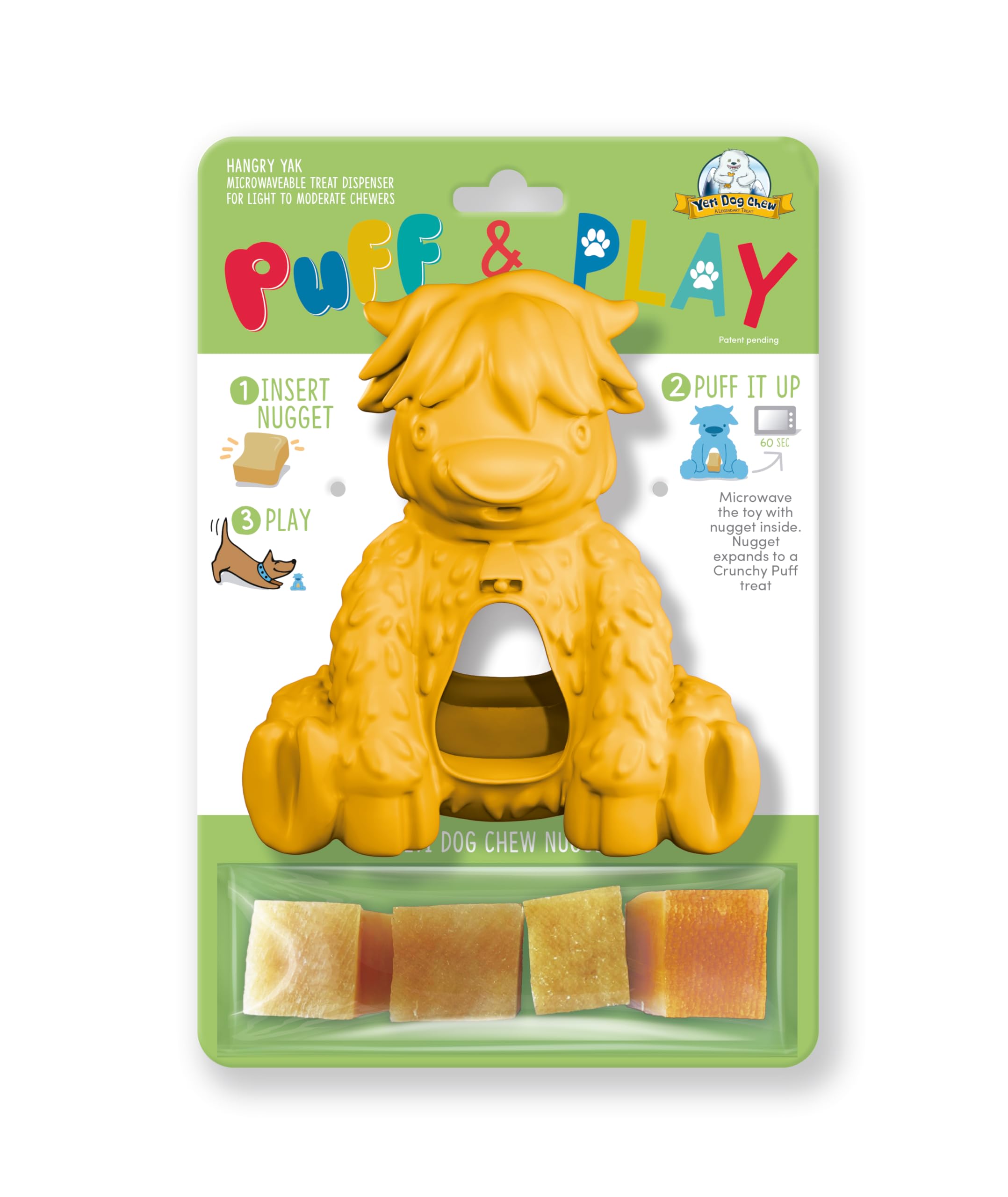 Yeti Puff and Play Dog Toy Interactive Nuggets Treats Dispenser Puzzle, Fun Stimulating Chew Toy for Teething, Behavior Training, Anxiety Calming, for Light to Moderate Chewers (Yellow, Yak)