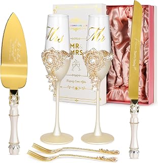 Wedding Cake Knife and Server Set, Luxury Handcrafted Champagne Flutes with Rhinestone Rose and Pendant Drop, Cake Cutting Set for Wedding, Engagement Gifts for Couples Bride and Groom, Gift-ready Box