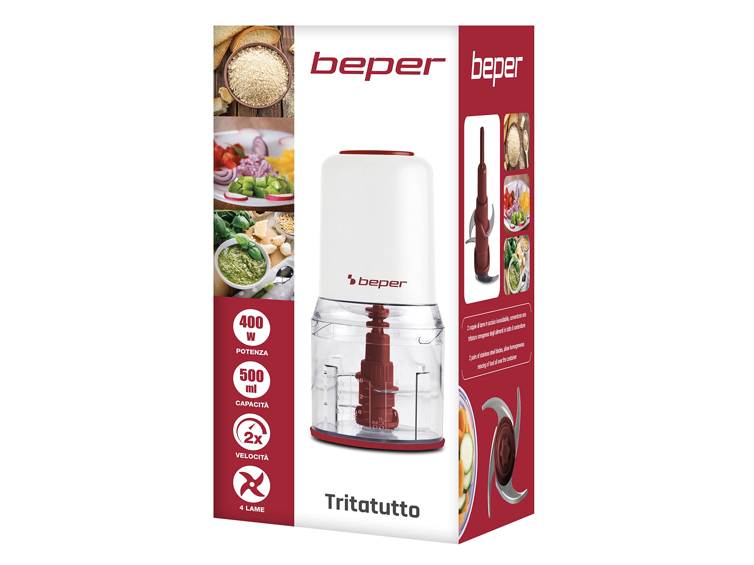 Beper Tritatutto Elettrico Doppia Lama per Macinatura e Tritatura Uniforme, Lama in Acciaio, 400 W, Contenitore 0.5 L Bianco/Tortora