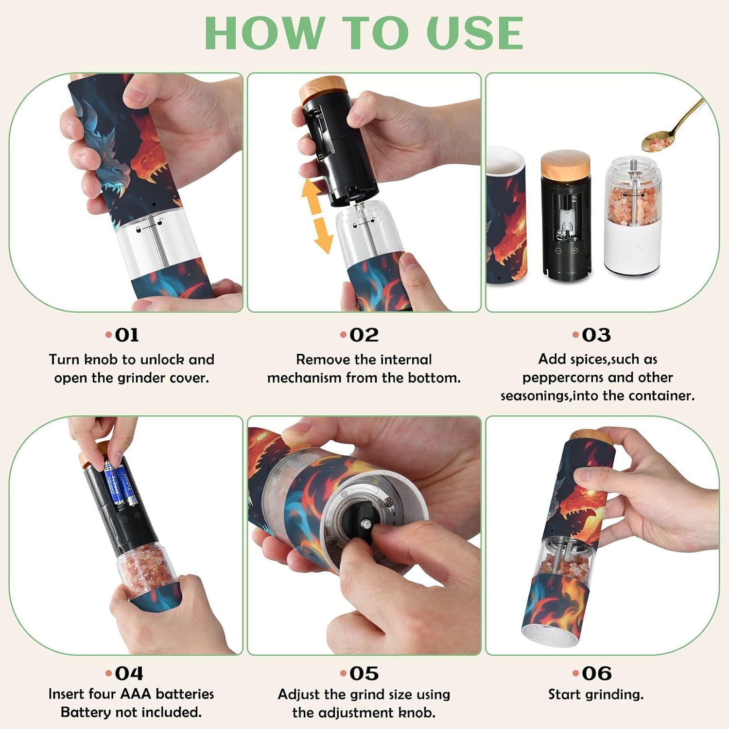 ALAZA Electric Pepper Grinder with Adjustable Coarseness, Dragon Angry Blue and Yellow Battery Automatic Salt and Pepper Mill with Led, One-Handed Operation Spice Grinder for Kitchen, Camping & BBQ