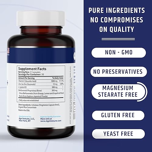 Miniatura 3 de AgeImmune Vitamin C 1000mg Complex with L-Lysine 500mg, Zinc 12mg, Bioflavonoids 300mg. Doctor Formulated Magnesium Stearate Free Supplements for