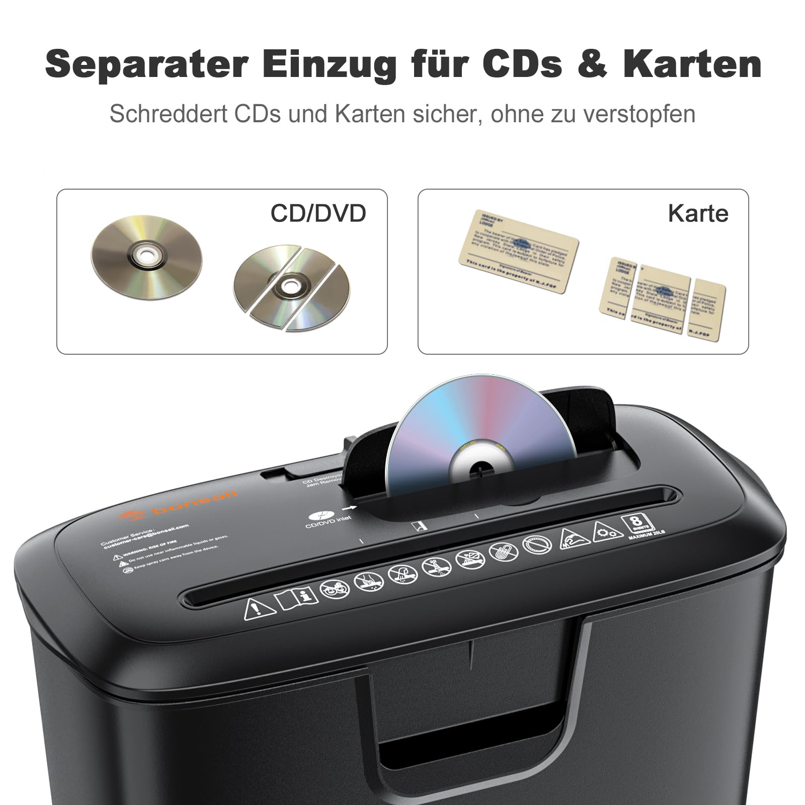 Bonsaii Aktenvernichter, 8-Blatt Streifenschnitt Papierschredder für Home Office, CD/Kreditkarten Schredder mit Überhitzungsschutz, Reißwolf, 13 Liter Papierkorb (S120-C)
