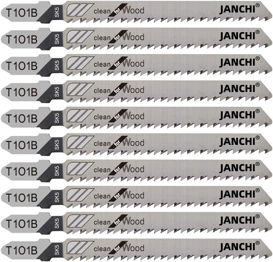 Janchi 50Pack T101B T-Shank Contractor Jig saw Blades - 4 Inch 10 TPI Jigsaw Blades Set- Made for High Speed Carbon Steel, Clean and Precise Straight Cutting Wood Boards PVC Plastic