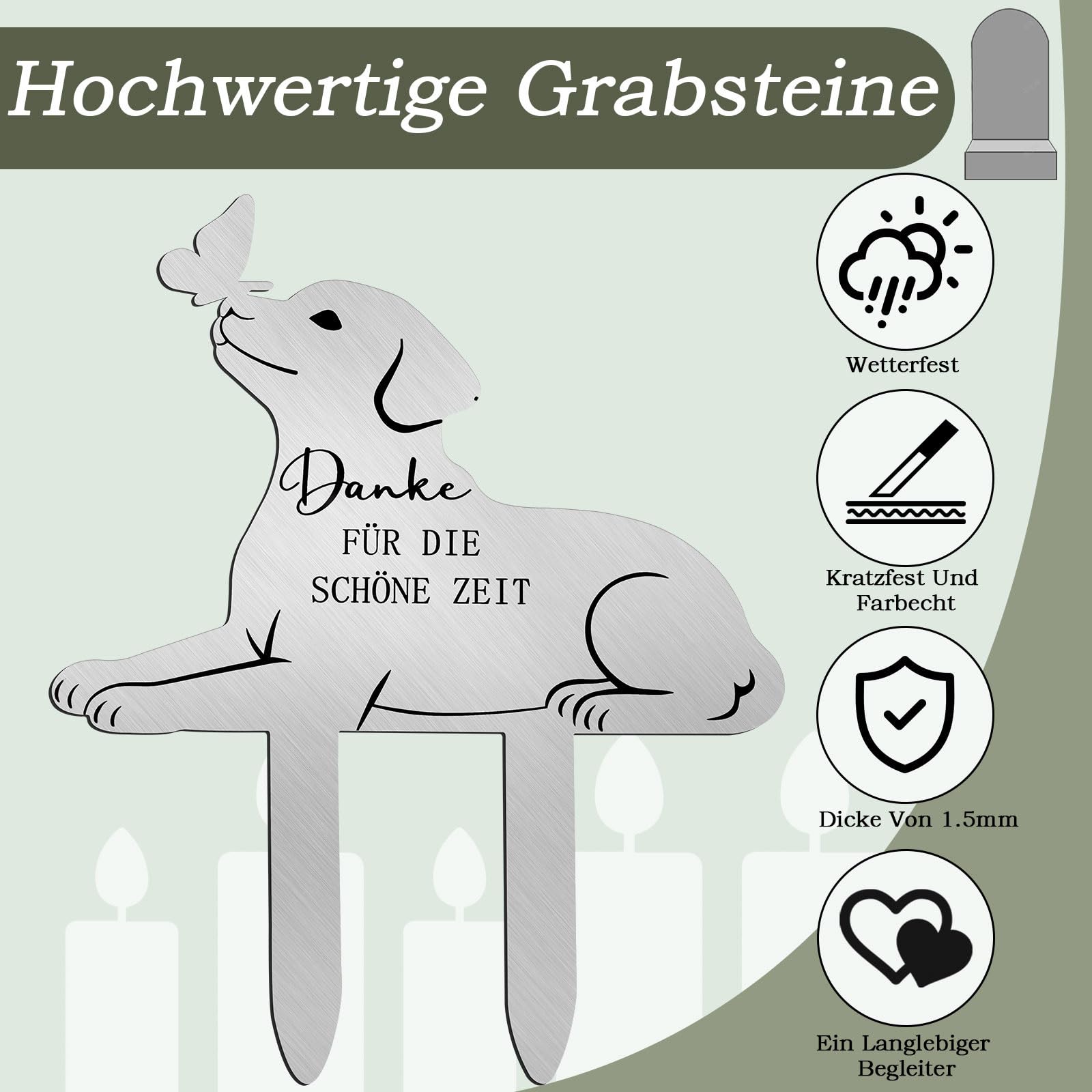Grabstein Hund, Inschrift “Danke Für Die Schöne Zeit”, Grabschmuck Wetterfest, Aus Metall, Witterungsbeständig, Andenken für Hunde, Gedenken das Geliebte Haustier, Erste Wahl für Tierhalter