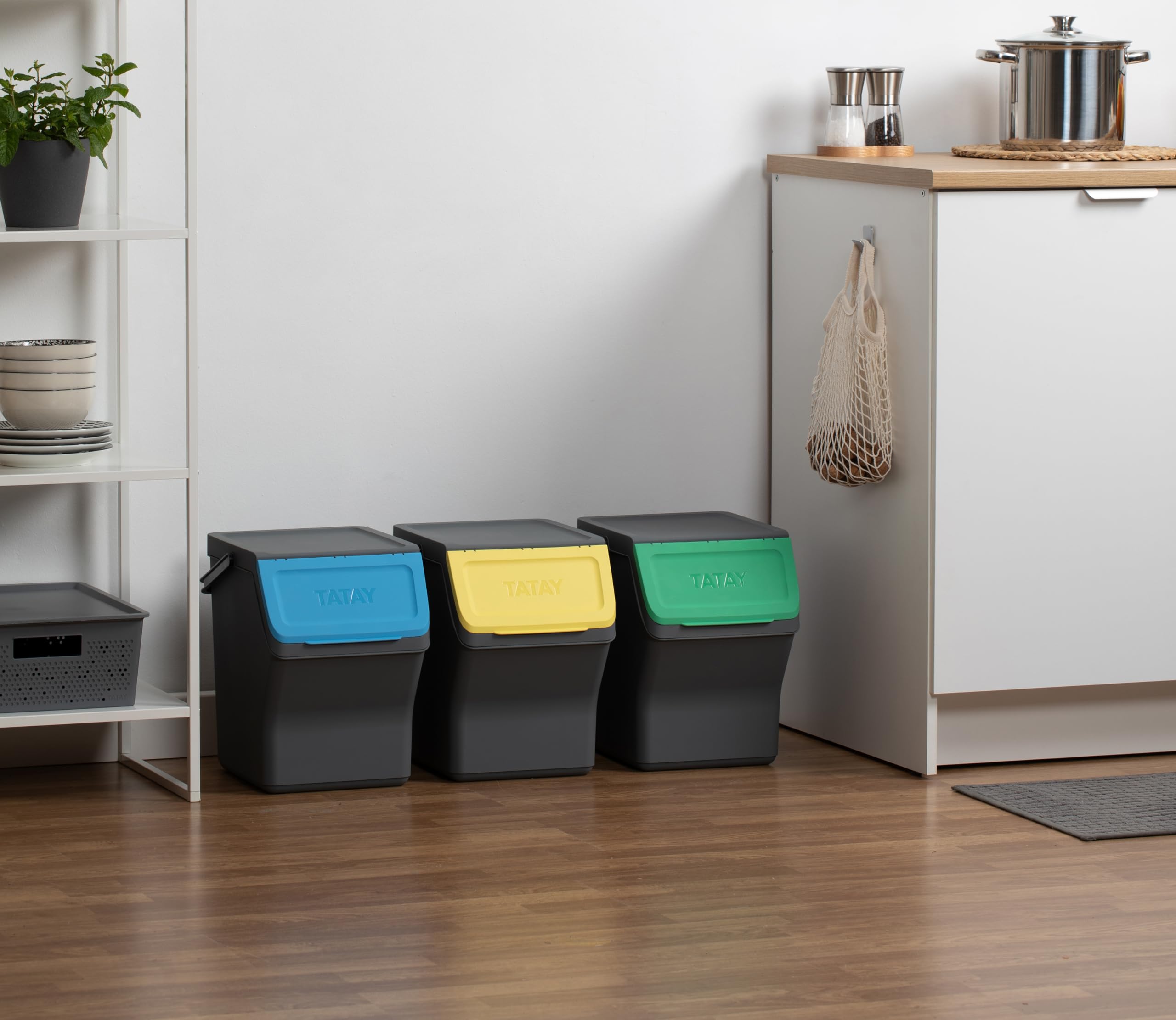 TATAY Mülltrennsystem Easy Waste 3-teiliges Set 3er Set Recycling Behälter | Mülltrennsystem Haushalt | Volumen 20 L | 35x27x36 cm | Modulares Design | Deckel mit Klicksystem | Recyceltem Material, Grau