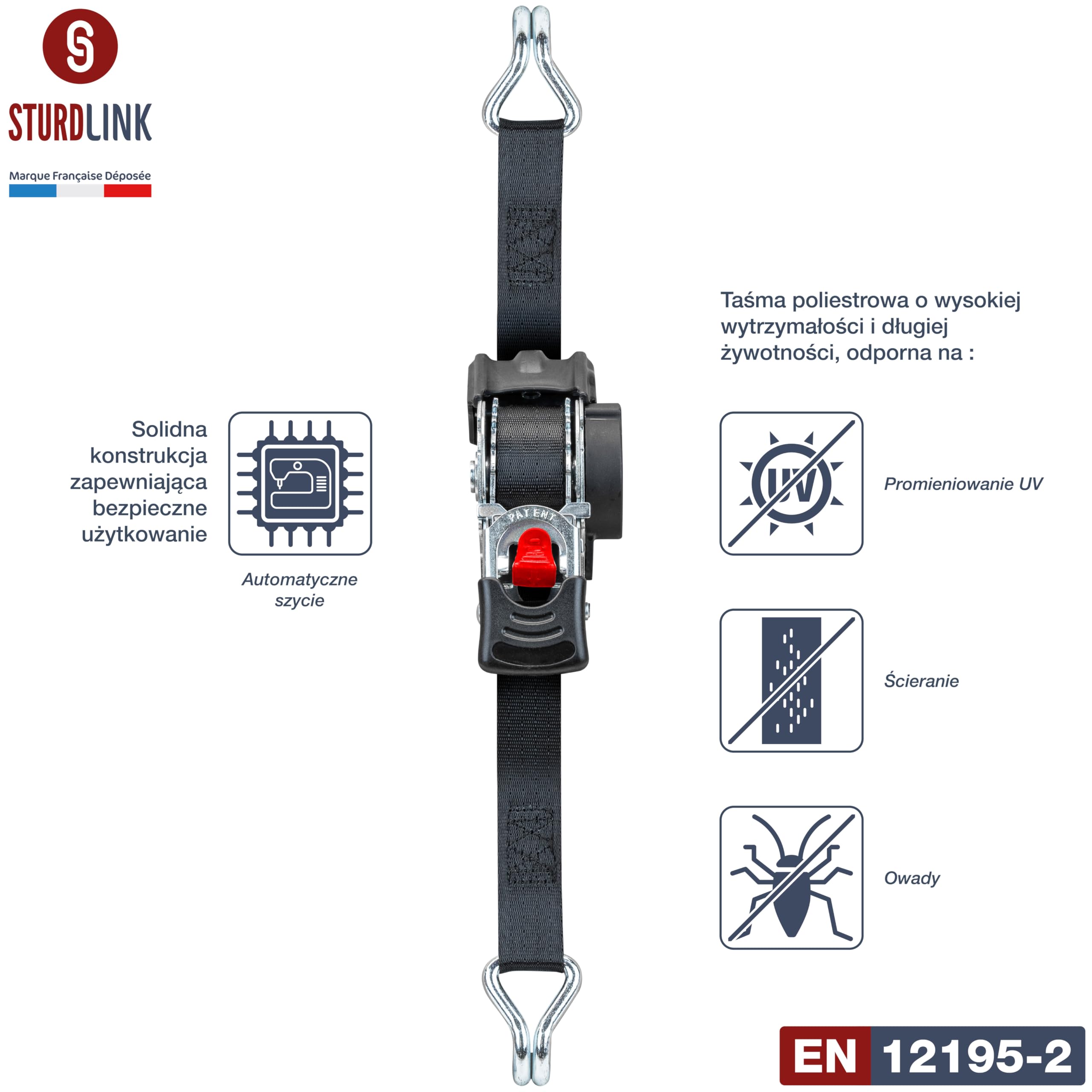 Taśmy z grzechotką Sturdlink 25 mm z automatycznym zwijaczem taśmy, długość 3 m LC 300daN / 600 daN, haki stalowe | Idealne do przyczep, pojazdów użytkowych, motocykli, quadów, samochodów.