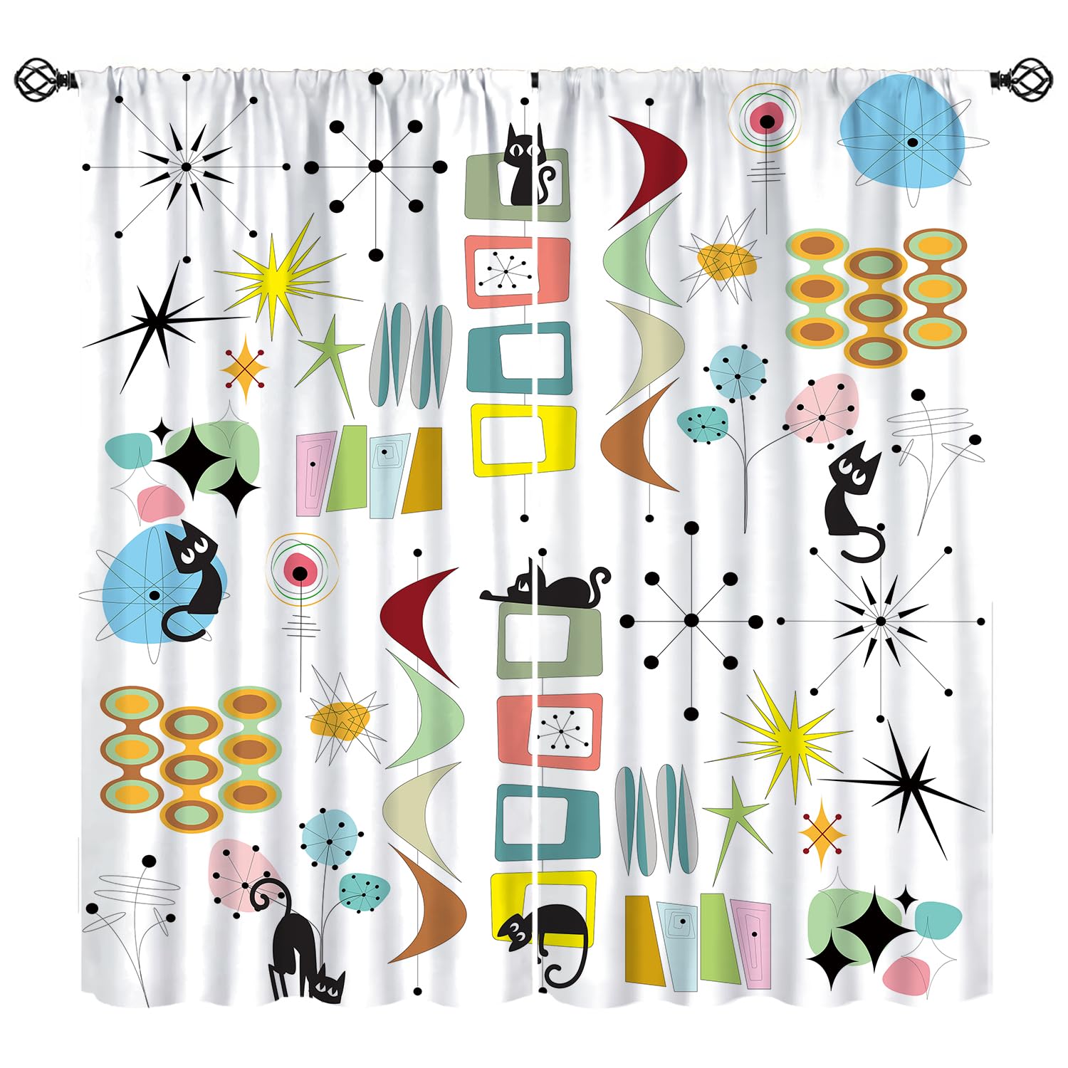 Mid Century Curtain Modern Abstract Atomic Starbursts Naughty Lovely Cat 1950s Retro Abstract Geometric Inspired Black Grey for Kids Bedroom Kitchen Decor Blackout Window Drapes 42