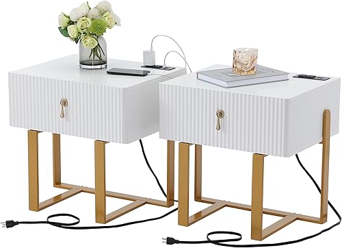 Miniatura 1 de Mesa auxiliar moderna de mediados de siglo con estación de carga, mesitas de noche con cajón, mesita de noche con USB para dormitorio, sala de estar