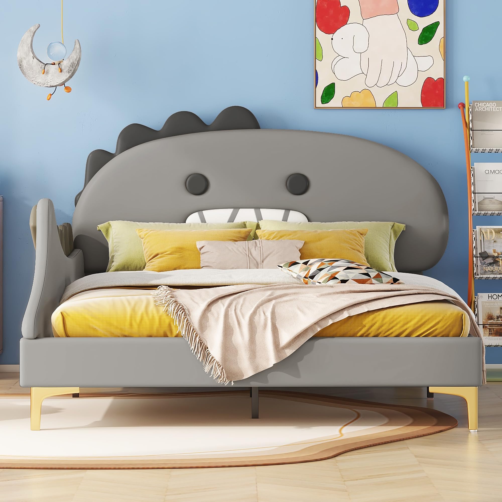 Cama infantil de 140 x 200 cm, diseño de dinosaurio, cama plana, material de poliuretano, color gris