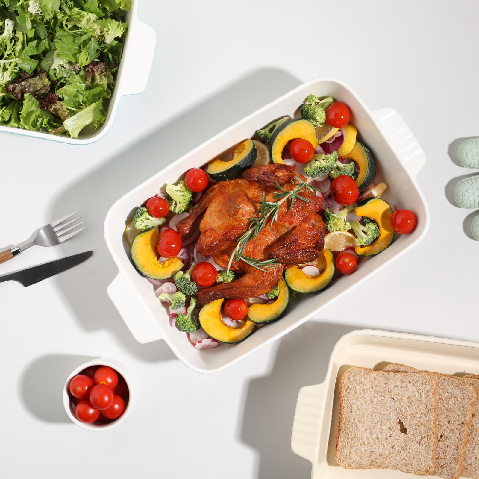 Sweejar Keramik-Backform, Kuchenbackform für Brownie, Porzellan, gestreift, Auflaufformen für Ofen mit Griff für Lasagne, Familienessen (weiß), 33 x 22,9 cm