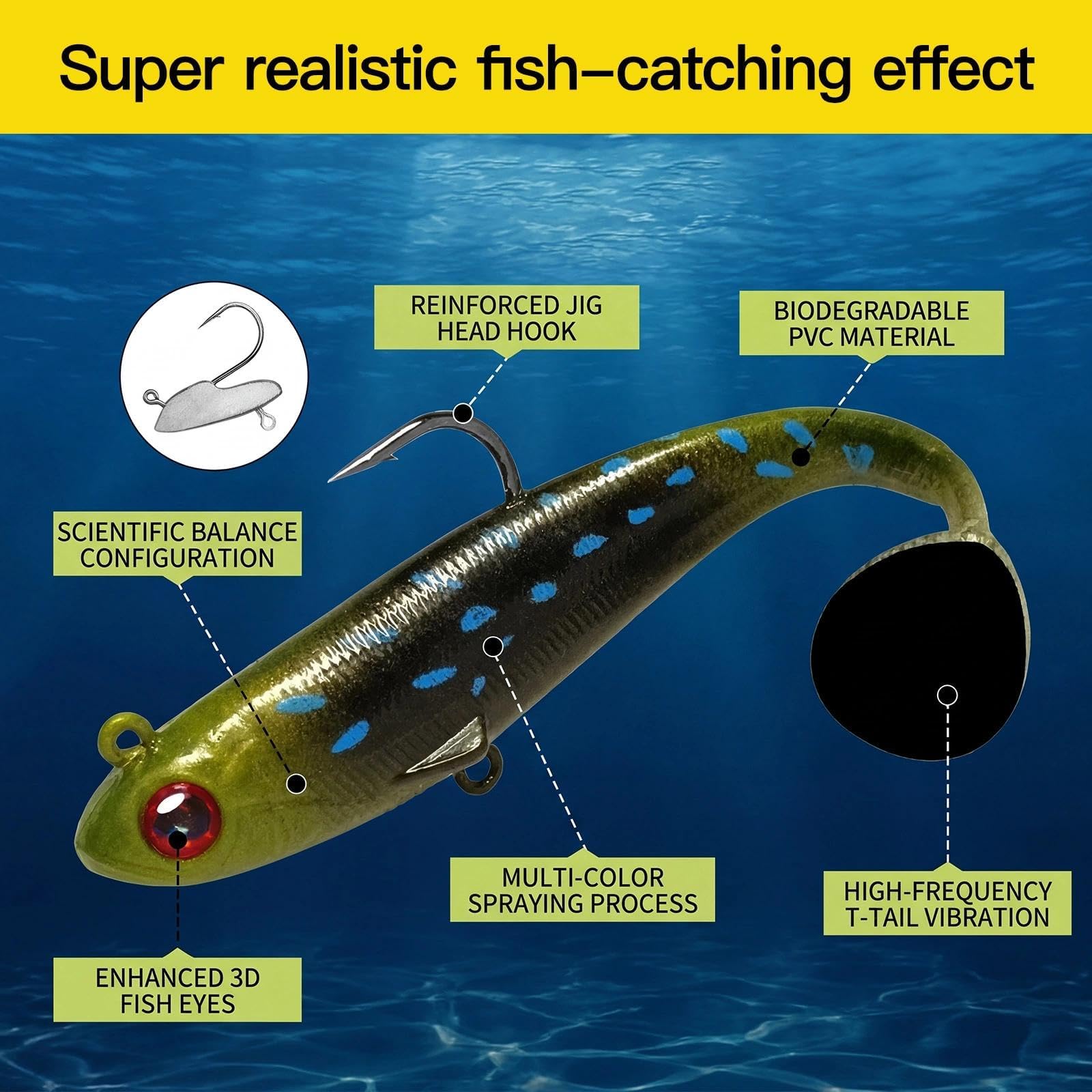 6 Piezas Señuelos de Pesca Goma Suave Señuelos con Anzuelos Artificiales de Pesca 9 cm Señuelos Pesca Mar 3D Cebos de Pesca Paddle Tail Señuelos para Lubina Lucio Carpa Trucha (12,5 g)