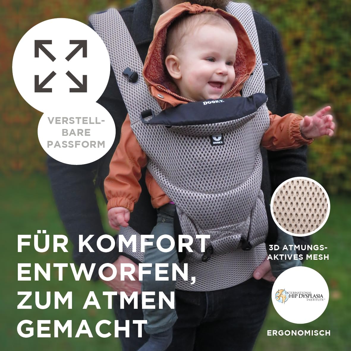 Dooky Carrier Urban Comfort, Babytrage Neugeborene ab Geburt, Ergonomische Babytrage 0-3 Jahre, 3.5-15 kg, M-Position, 3 Tragepositionen, Verstellbar, Atmungsaktiv, Baby Carrier, Beige Desert