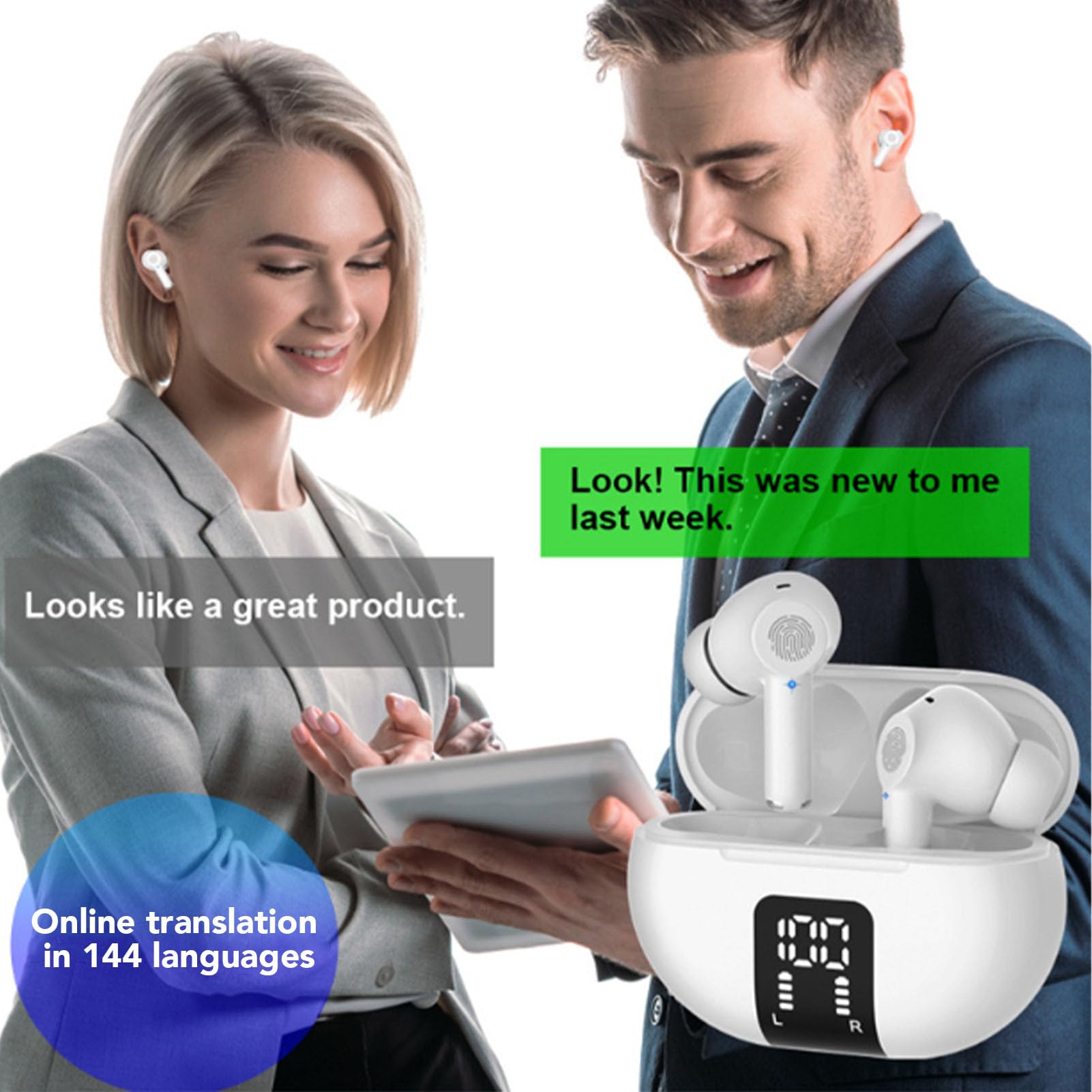 Generic Écouteurs de Traduction sans Fil avec Suppression Avancée du Bruit pour Les Voyages, écouteurs de Traduction en Temps Réel pour Les Entreprises, de en 144 Langues (White)
