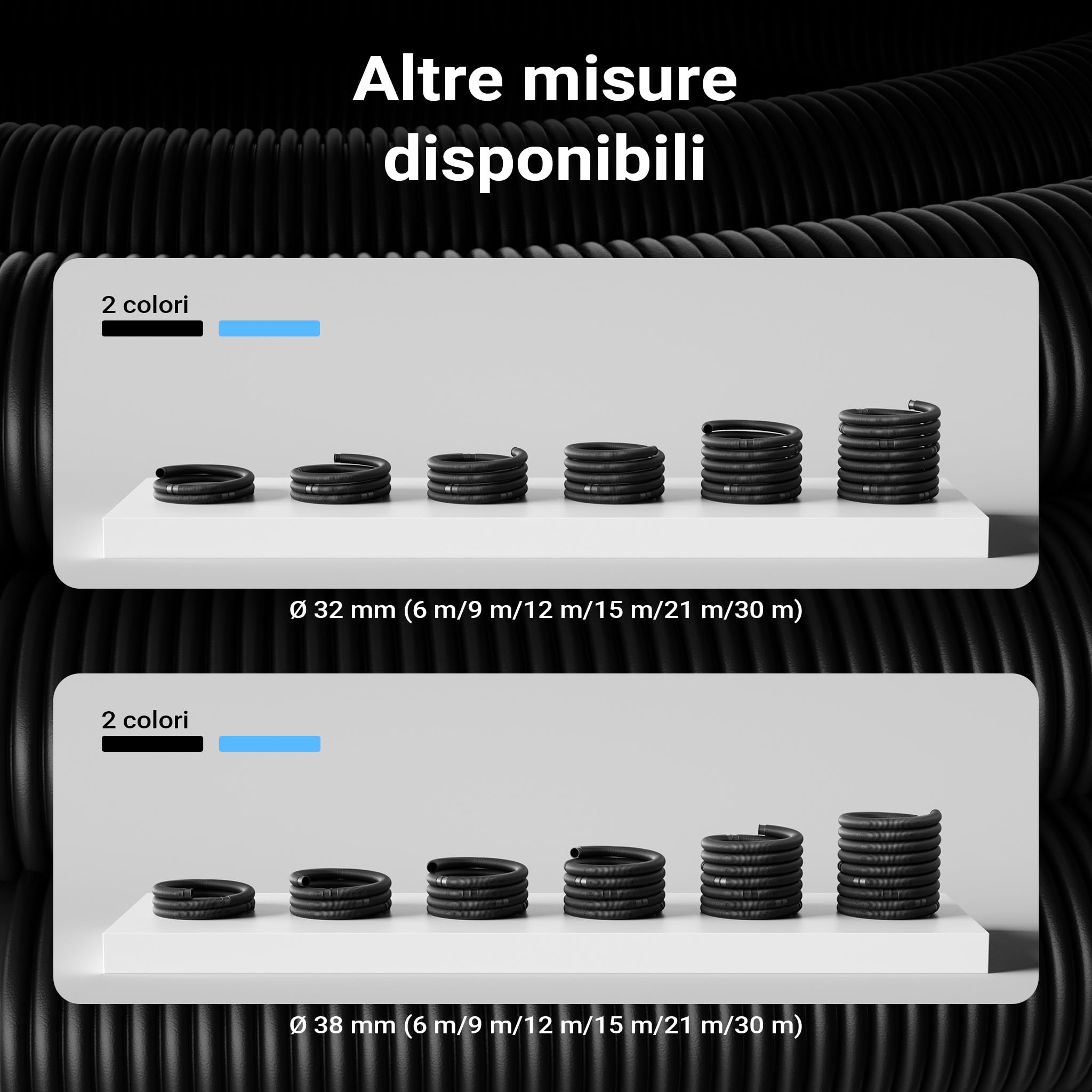 Wiltec Tubo per piscina nero, 30m Ø 38 mm, sezionabile ogni 1,5 m, galleggiante, in resina 190 g/m Made in EU